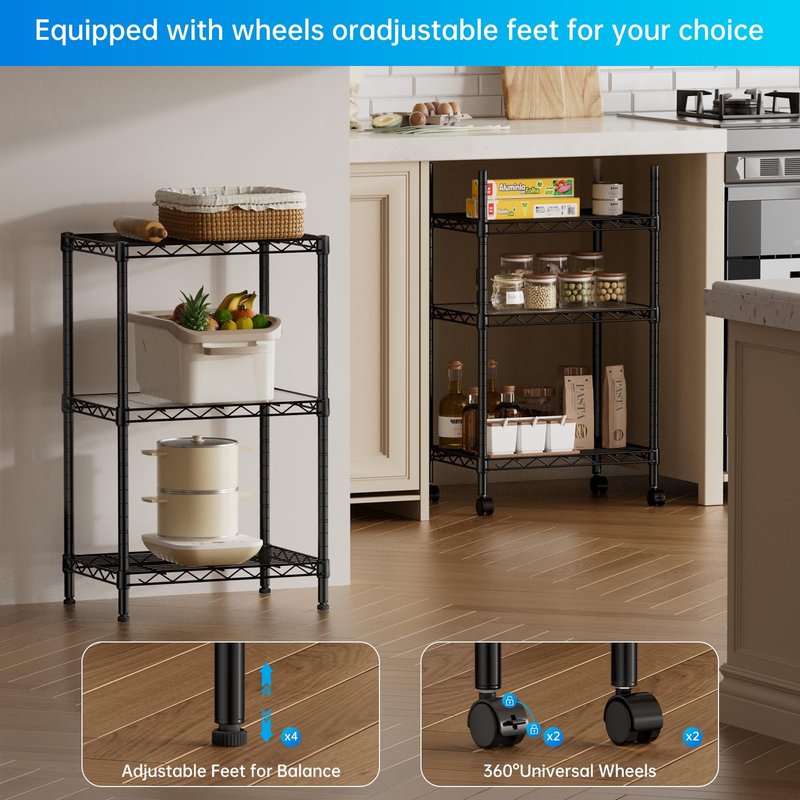 SINGAYE 3 Small Shelves Storage Shelf Wire Shelving Unit Metal Shelf Adjustable Organizers Storage Shelving with Wheels for Bathroom Laundry Room Kitchen Pantry11.6”D x 17.6”W x 30”H Black
