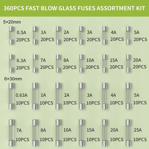Joinfworld 360Pcs Fast Blow Glass Fuse Assortment Kit 24 Values Automotive Fuses Kit 250V 0.5A 0.63A 1A 2A 3A 4A 5A 6.3A 7A 8A 10A 15A 20A 25A 5x20mm & 6x30mm Glass Fuses