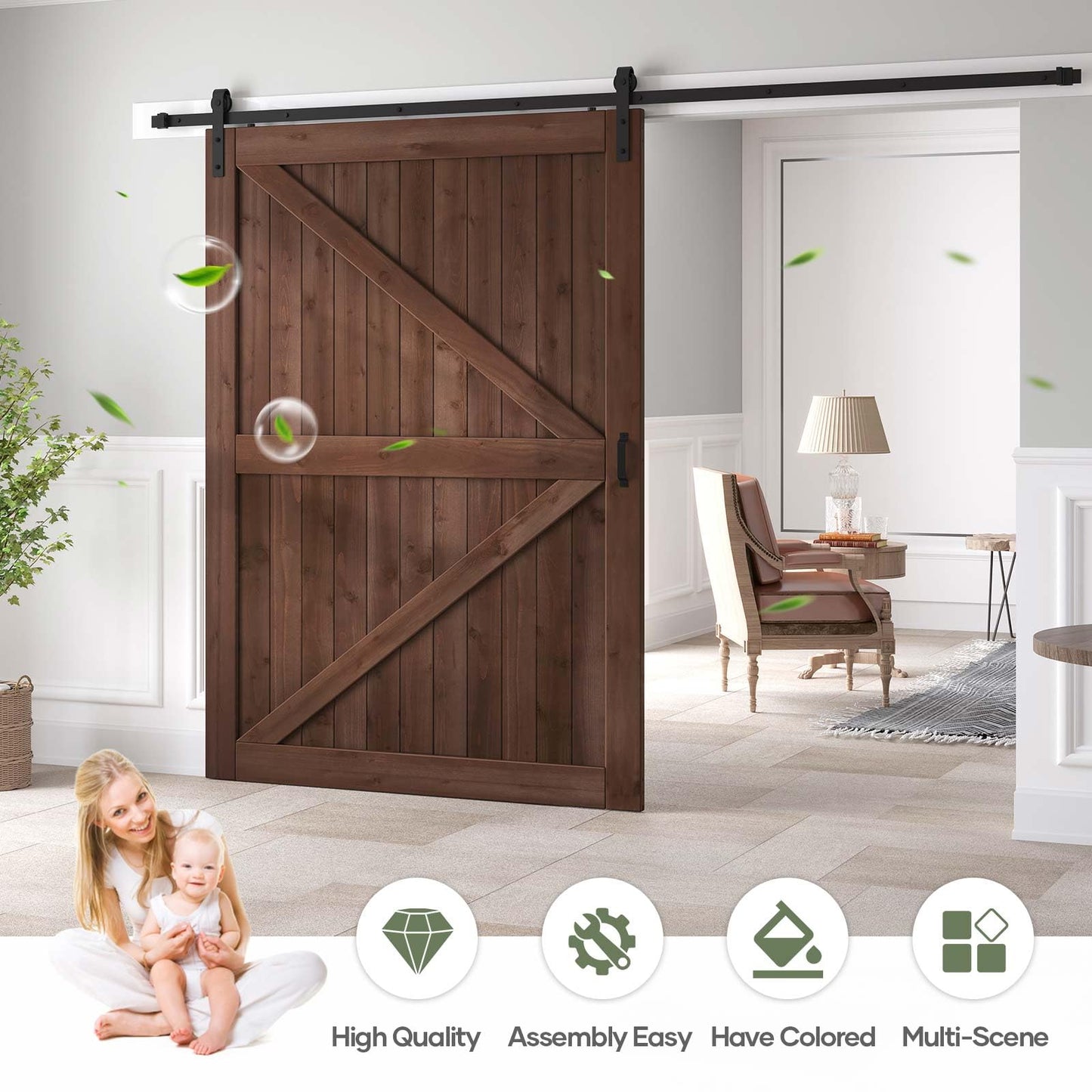 ROYMELO 60x84 inch Sliding Barn Wood Door Slab with 10ft Hardware Kit and Handle, Coffee, K Shape, Simple DIY Assembly