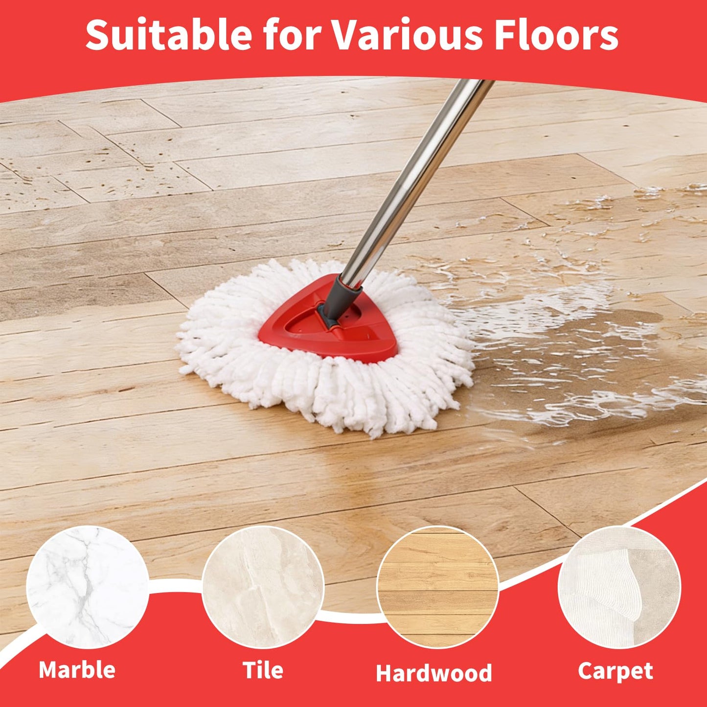 Jikefa Mop Replacement Heads, Handle, Base Compatible with O Cedar EasyWring 1-Tank Spin Mop System, 2 Microfiber Mop Head Refills, 4-Section Iron Handle 30-58in and 1 Spin Base Cover Set
