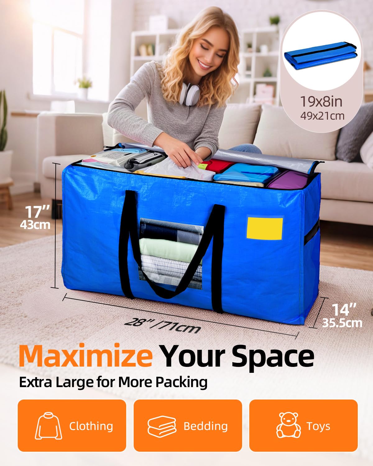 AdeaBag Extra Large Moving Bags, 4 Pack Heavy Duty Storage Bags Boxes Bins Totes with Hnadles Zippers Visible Window for Clothes College Dorm Travel, Blue