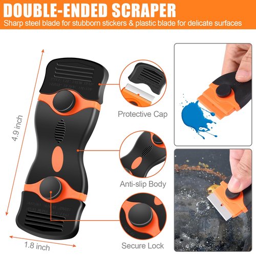 NECAMOCU 4 Pack Razor Blade Scraper, Premium Cleaning Scraper Tool with 50 PCS Metal & Plastic Razor Blades, Multi-Purpose Glass Scraper for Windows, Sticker, Decals, Cooktop, Paint Removal (Orange)