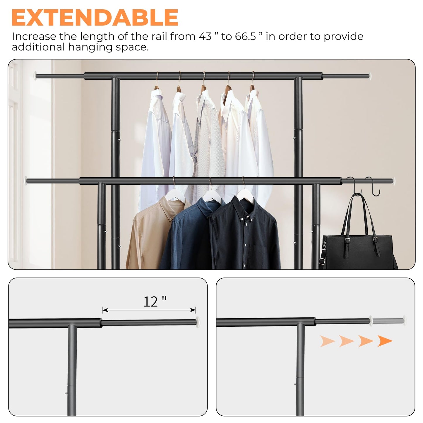 Fishat Stand Portable Black Double Rods Garment Rack with Rolling Clothes Organizer on Lockable Wheels Mobile, 48" W x 15" D x 67" H, Metal Simple Hanging Clothes with 2 Hook