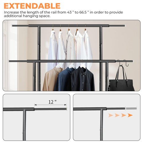 Fishat Stand Portable Black Double Rods Garment Rack with Rolling Clothes Organizer on Lockable Wheels Mobile, 48" W x 15" D x 67" H, Metal Simple Hanging Clothes with 2 Hook