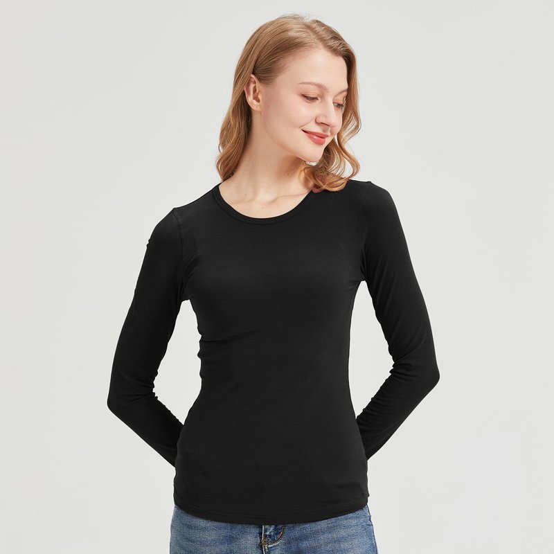 netdraw Women's Buttery Soft Ribbed Bamboo Viscose Long Sleeve T-Shirt Crew Neck Casual Tops Slim Fitted Thermal Undershirt, Black, Medium