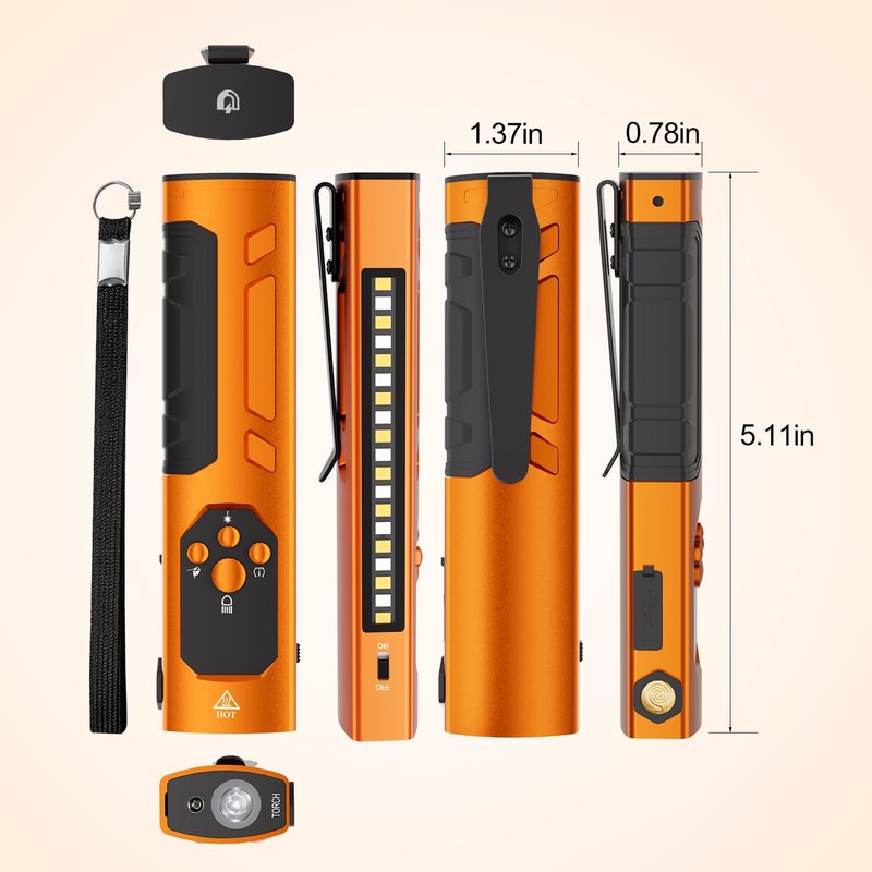 Rechargeable EDC Flashlight with Red Beam, Flat LED Flashlight with Magnetic Base and Clip, SOS&RGB Modes, Flameless Lighter, Pocket Size for Emergency, Camping, Hiking, Working