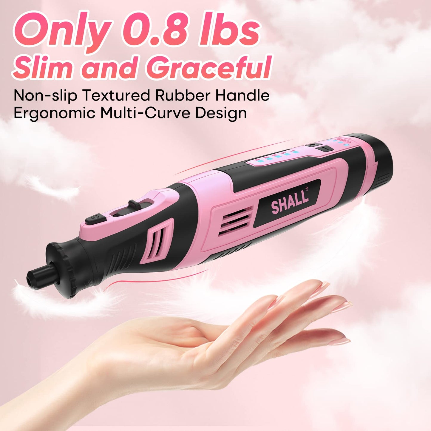 SHALL 8V Cordless Rotary Tool Kit, Pink Lightweight 2.5 Ah Battery Rechargeable Rotary Tool w/ 121 Accessories, 5-Speed Power Rotary Tool for Sanding, Carving, Polishing, Engraving, Pet Grooming