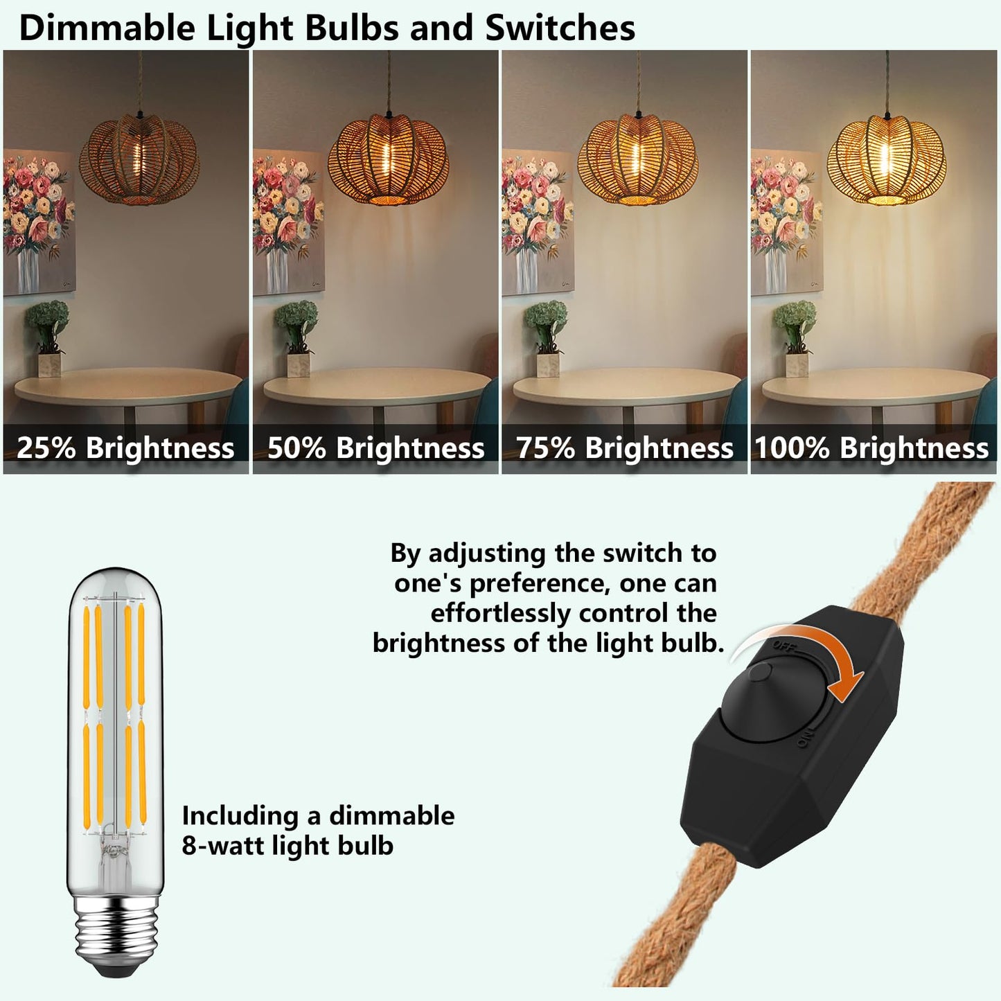 tebio Plug in Pendant Light Rattan Hanging Lights with Plug in Cord 15FT Hemp Rope Cord, Dimmable Switch – Indoor Hanging Lamps for Boho Living Room Bedroom(Bulb Included) 11 x 7 inch