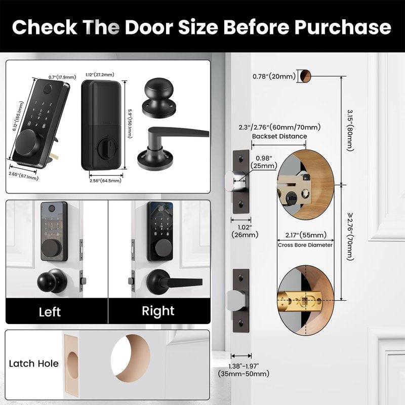 Smart Lock with Handles, Fingerprint Door Lock App Control, Keyless Entry Door Lock Set, Electronic Digital Keypad Deadbolt, Auto & One Touch Lock, Easy Installation, IP54