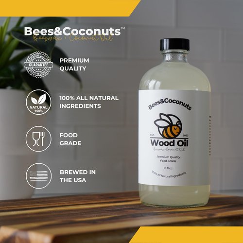 Bees&Coconuts All-Natural Wood Cutting Board Oil 16oz | Made with Fractionated Coconut Oil Infused with Beeswax | Food Grade | Butcher Blocks, Bamboo, Teak, & Wooden Utensils | Made in USA