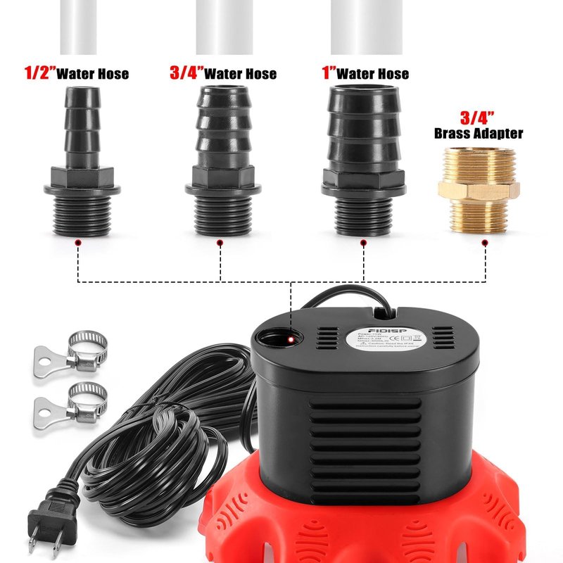 FIDISP Pool Cover Pump, 850 GPH Water Pump for Pool Draining With 4 Hose Adapters, 20 FT Drain Hose, 25 FT Power Cord, Pool Cover Pumps Above Ground for Drainage of Pool Covers, Ponds and Tubs(Red)