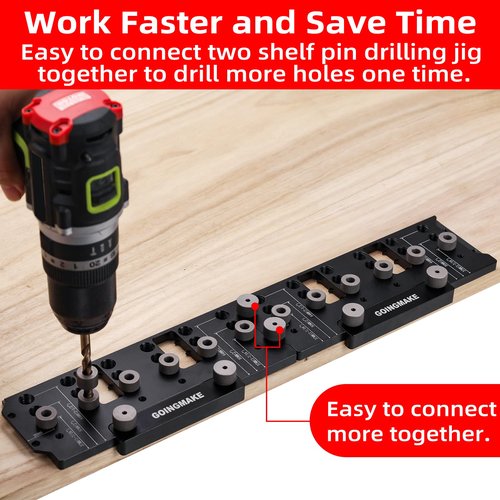 GOINGMAKE Shelf Pin Jig 1/4" and 5mm, Spliceable All Metal Cabinet Hardware Shelf Pin Drilling Jig, Woodworking Drill Guide for Straight Holes for Wobble-Free Shelves