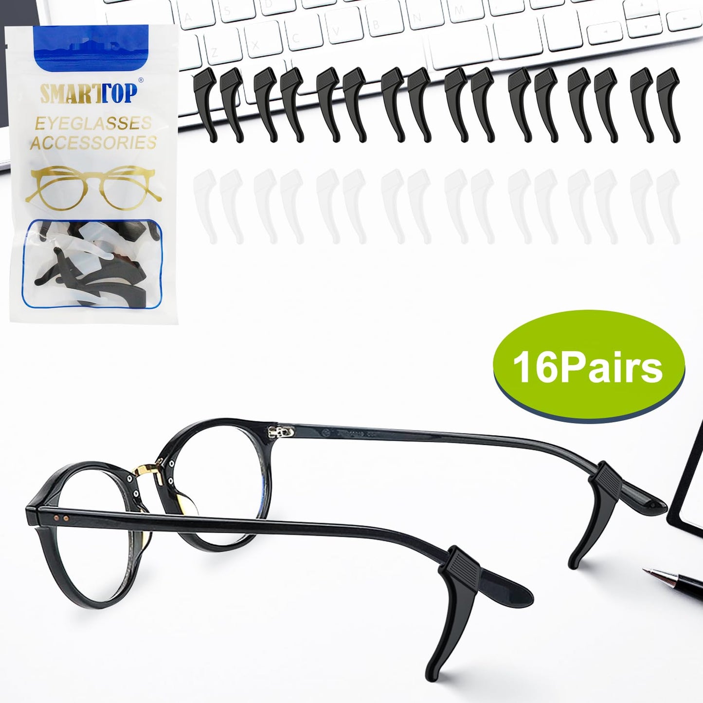SMARTTOP 16Pairs Anti-Slip Eyeglass Ear Grips Hook, Comfortable Silicone Elastic Eyeglasses Temple Tips Sleeve Holder-For Eyeglasses Sunglasses Spectacles Glasses Reading (8 Black & 8 Clear)