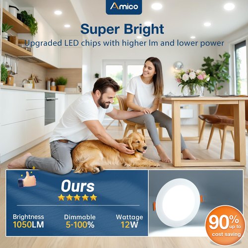 Amico 12 Pack 6 Inch 5CCT Ultra-Thin LED Recessed Ceiling Light with Junction Box, 1050LM Brightness, Dimmable Canless Wafer Downlight, 12W, ETL&FCC