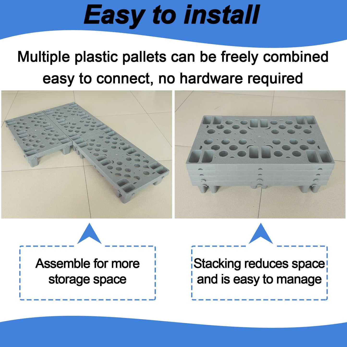 6 Pcs Grey Plastic Pallet, Lightweight Waterproof Floor Pallets, Interlocking with Breathable Grids Storage Pad, for Garages, Basement, Supermarket, Indoor and Outdoor