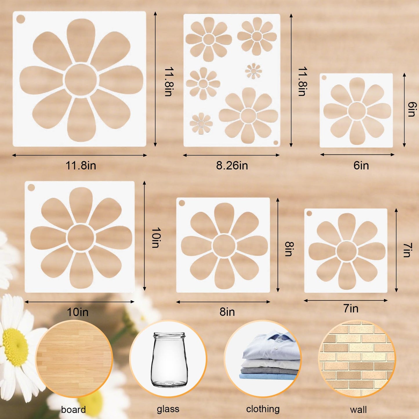 Large Flower Stencils for Painting on Walls, 6-12 Inch Daisy Stencil Reusable Floral Template for Wood Fence Canvas Fabric Crafts DIY Wall Art (6 Pack)