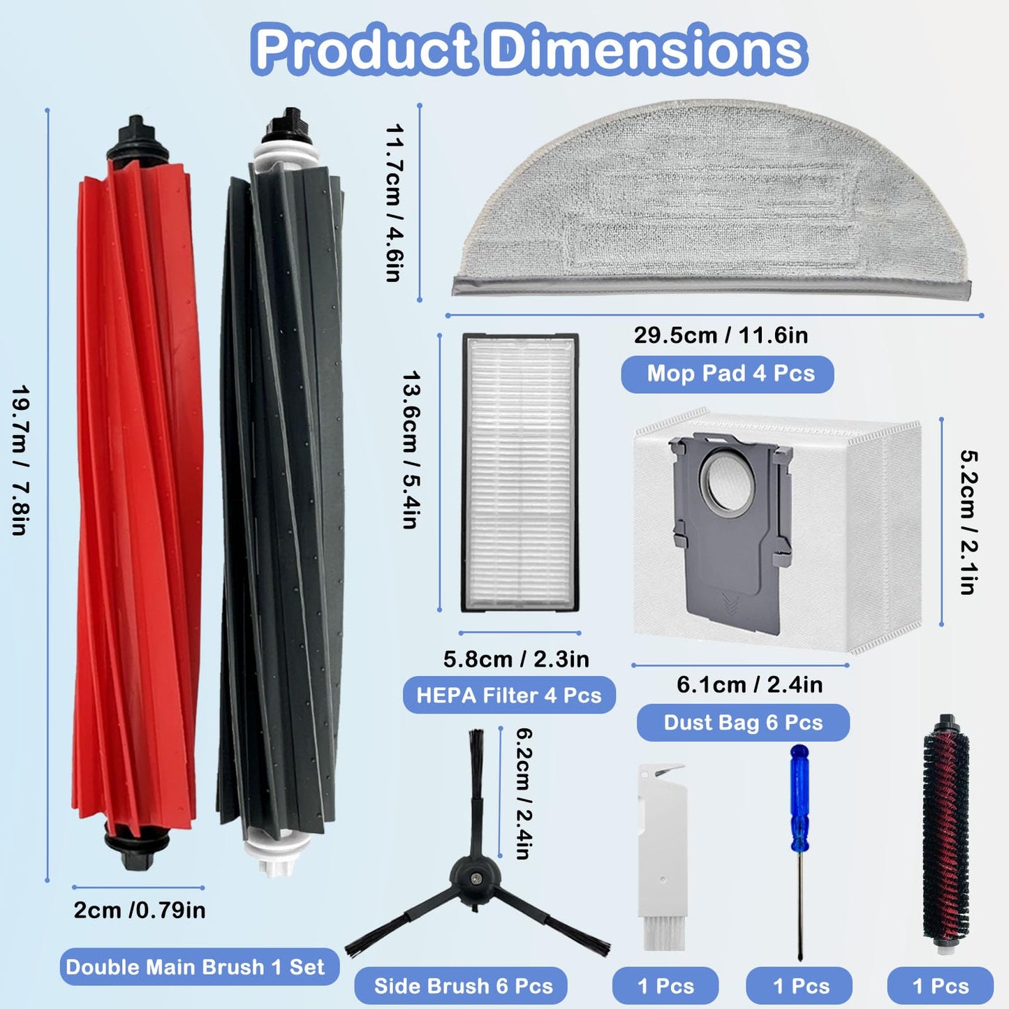 Replacement Parts Compatible with Roborock S8 Pro Ultra Robotic Vacuum Cleaners Accessories Kits, 2 Main Brush, 1 Rolling Brush, 4 HEPA Filters, 4 Side Brushes, 4 Mop Pads, 6 Dust Bags