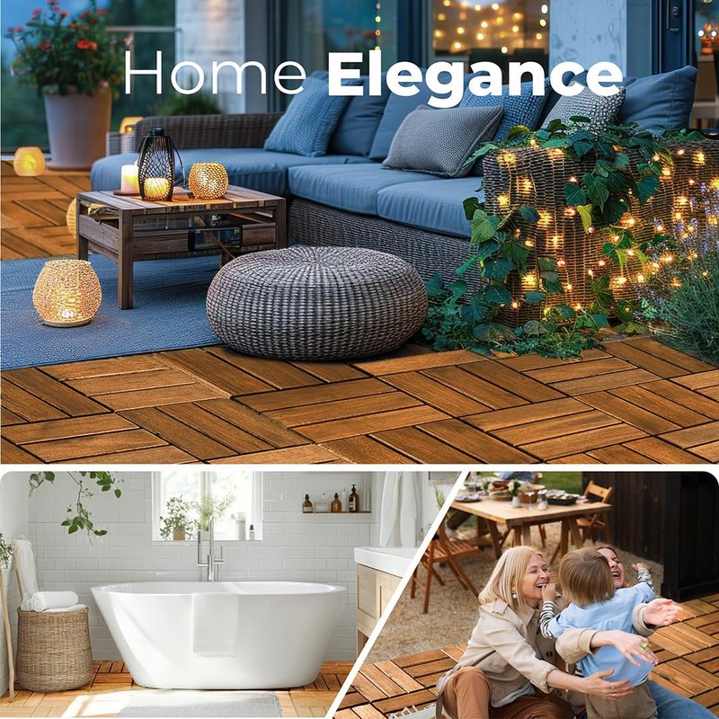 AN68 Premium Acacia Wood Interlocking Deck Tiles – Set of 9 pcs, 12"x12", Waterproof Outdoor Patio Flooring, Weather-Resistant Wooden Tiles for Balcony, Backyard, Indoor & Outdoor Use (Natural)