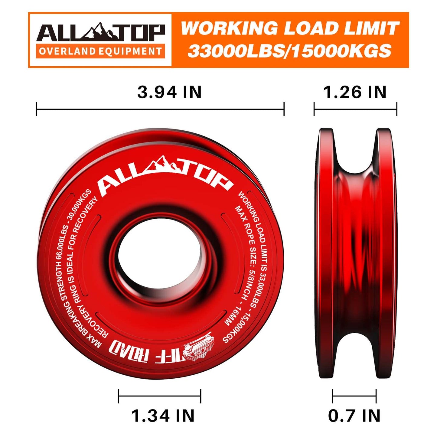 ALL-TOP Recovery Ring 66000 LBS Winch Snatch Towing Ring, Tackle Pulley System, Rope Retention Safety Strap Included, Red