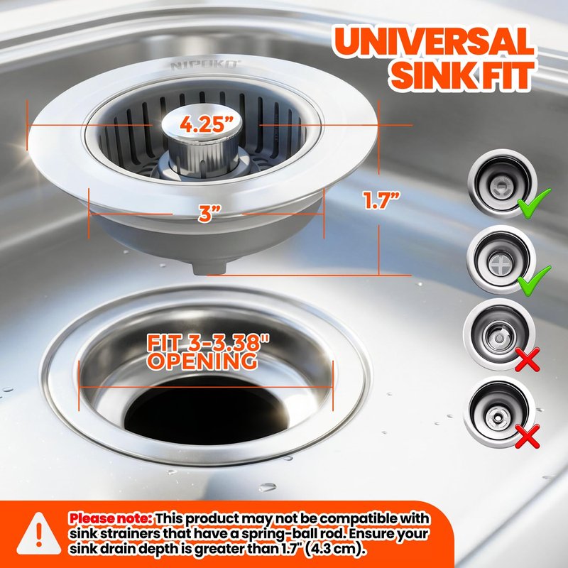 Nipoko 2 Pack Sink Drain Strainer - Sink Stopper, 3 in 1 Stainless Steel Kitchen Drain Plug with Deep Anti-Clog Basket and Odor-Blocking Seal, Pop-Up Design Fits Standard 3-1/2 Inch Sink