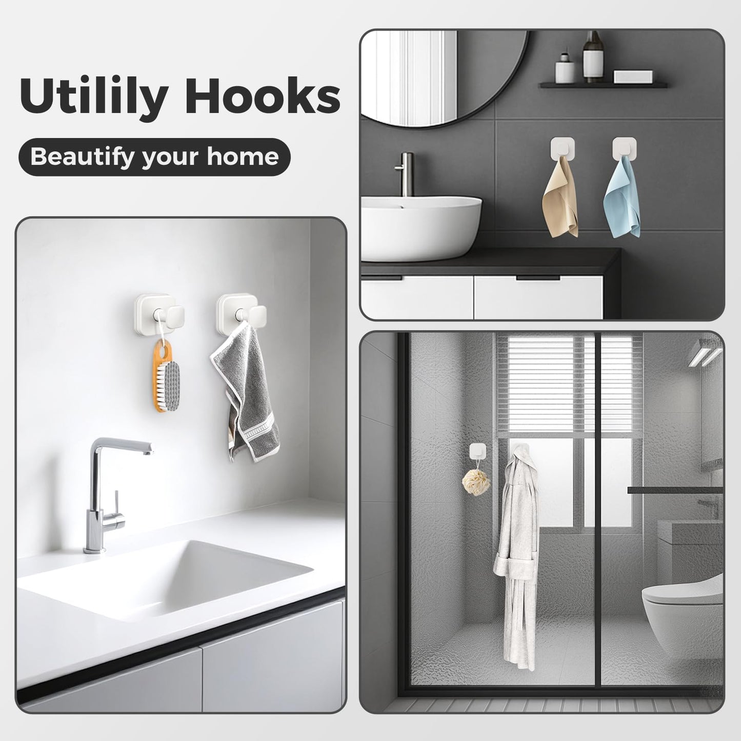 WingWider Shower Hooks for Inside Shower,Reusable Suction Cup Hooks for Glass Window,Mirror,Removable Towel Hooks for Bathroom,2 Pack(White)