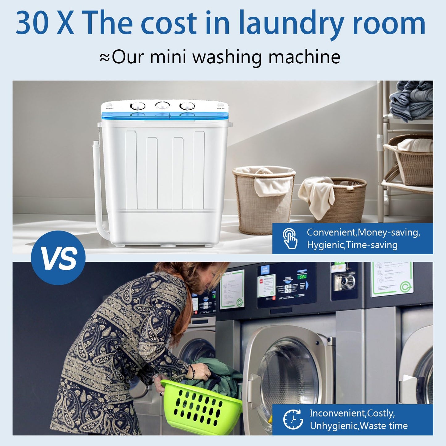 Stopsad Portable Mini Twin Tub 18Lbs Washing Machine with Drying Rack and 10 Hangers, Washer(11Lbs) and Spinner(7Lbs), Compact Laundry Washer for Apartments, Dorms(Blue)