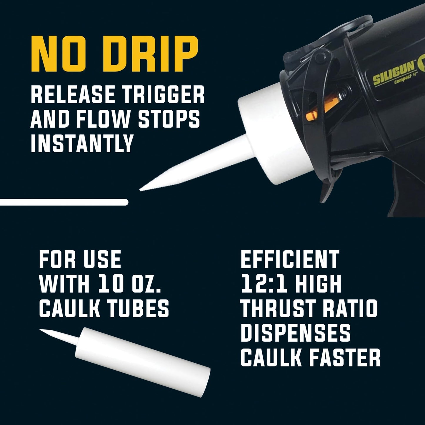 SILIGUN™ Gen-3 Compact Caulking Gun - No Drip Caulk Gun - Patented Design - Lightweight ABS Frame - Works with All 10 oz Tubes