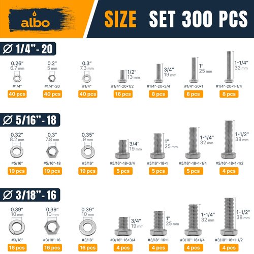 ALBO 300 pcs Hex Head Bolts and Nuts Grade 5 Zinc Plated 1/4-20, 5/16-18, 3/8-16 Nut and Bolt Set with Flat and Spring Washers in Case