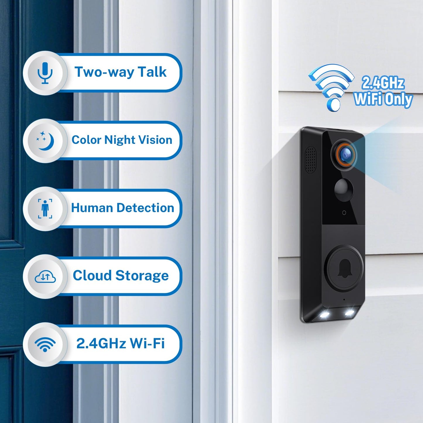 BoomChill 1080p Wireless Wi-Fi Video Doorbell Camera with Doorbell Receiver, Battery Powered, AI Human Detection, Color Night Vision, Two Way Talk, Cloud Storage