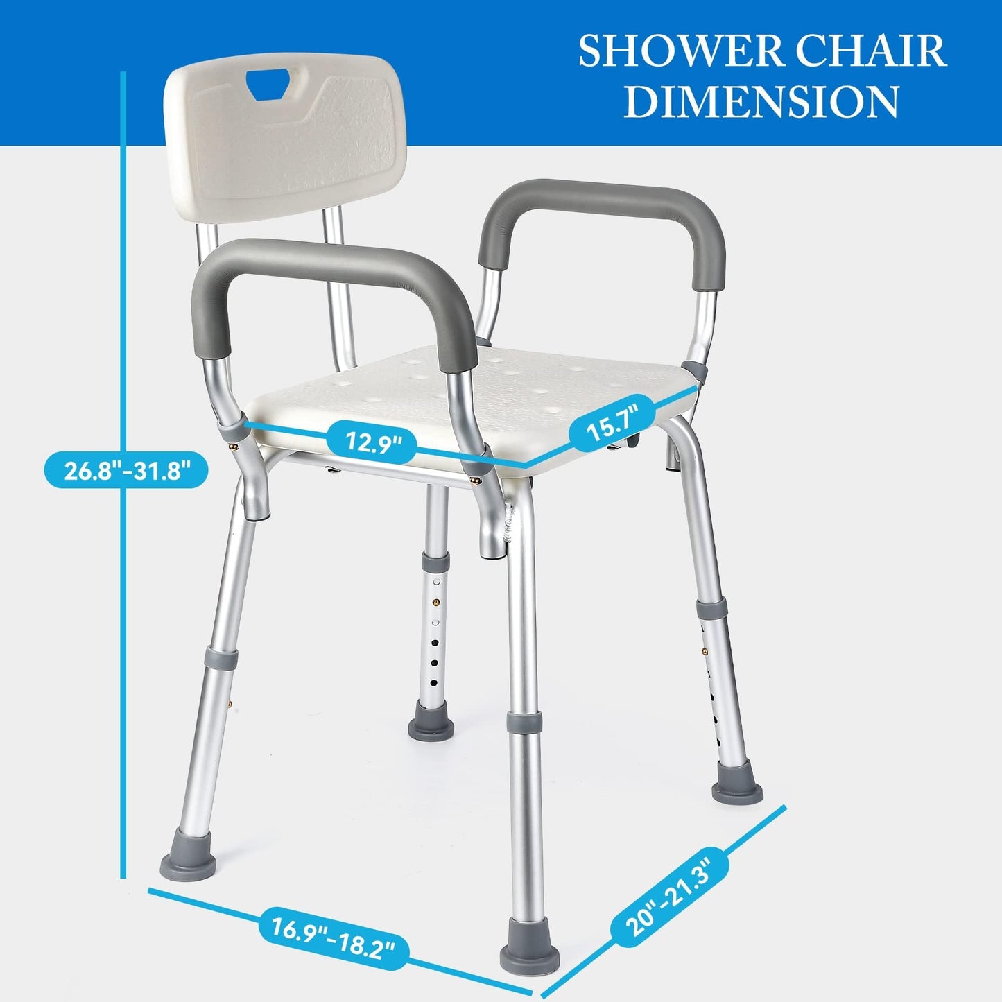 Shower Chair for Inside Shower, Adjustable Height Bath Stool with Nonslip Feet, Tub Chair with Padded Armrests & Back for Elderly and Disabled, 350 Lb Capacity, White