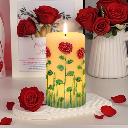 Eldnacele Rose Flameless Candles with 6 Hour Timer, Battery Operated Hand Painted 3D Wick Flickering Real Wax LED Pillar Candles for Spring Dinner Christmas Holiday Decor((2Pcs, D3×H6.5)