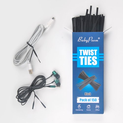 BABYPOEM Twist Ties, 150 PCS, 6.1 Inches, Bread Ties, Black, Reusable, for Bags, for Gardening, Home, Office