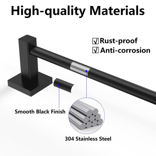 Miroamz Adjustable Towel Bar, 14.4inch - 25.2inch Towel Rack, Wall Mounted for Bathroom, Kitchen Hand Towel Holder Cloths Hanger SUS 304 Stainless Steel Organizer Single Bar (Matte Black)