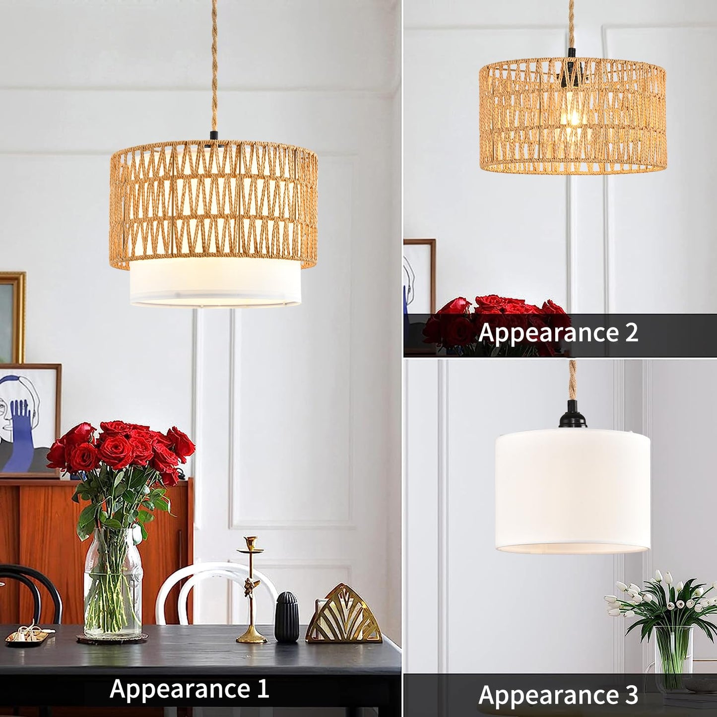 Boho Plug in Pendant Light Rattan Hanging Lights with Plug in Cord,Indoor Hanging Lamp with Dimmer Switch,Wicker Bamboo Woven LampShade Hanging Lamp Plug in for Bedroom Living Room Kitchen Island