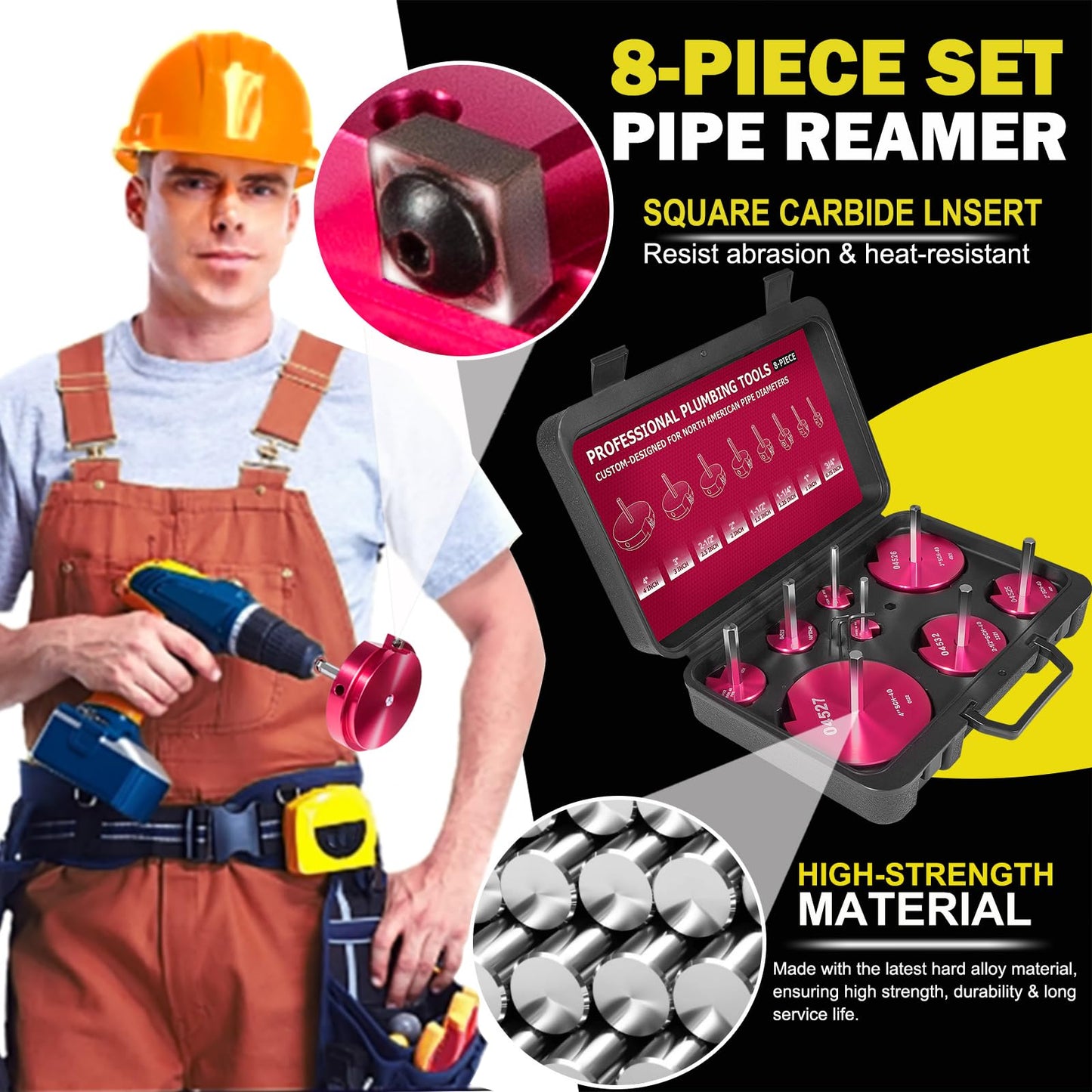Premium 8Pcs PVC Pipe Reamer Kit - Complete Reamer Set, Fits Standard 1/2" Drills, Includes P3/4", 1", 1-1/4", 1-1/2", 2", 2-1/2", 3", 4" For Standard 1/2" Drills, Ideal for PVC, CPVC, ABS Pipes
