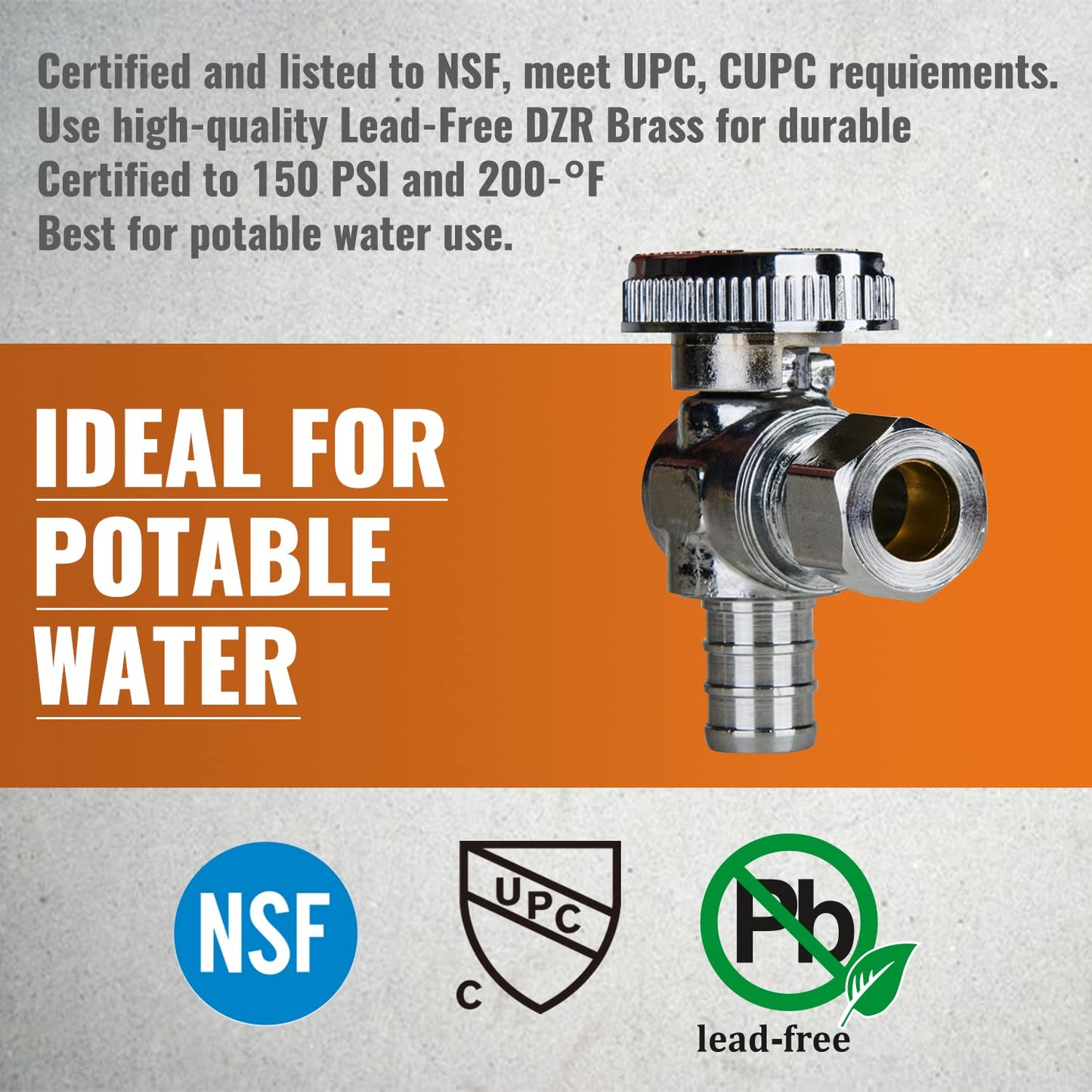 SUNGATOR 10-Pack Angle Stop Valve, 1/2" PEX x 3/8" OD Compression, Quarter Turn Chrome Plated, 1/2 inch Pex Shut Off Valves for Faucet and Toilet, UPC Certified