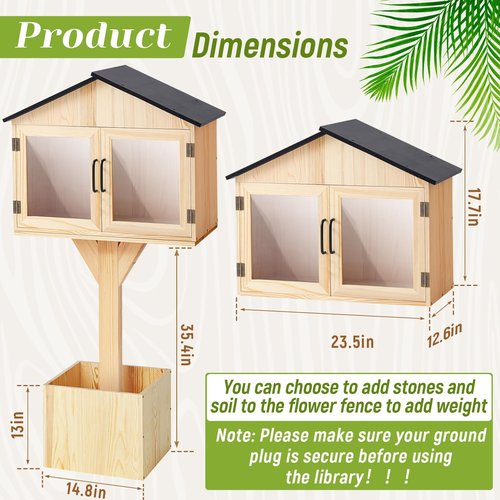 Wonderjune Wooden Little Library Box Outdoor Free Library, Large Size, Double Door Box Storage with Floor Plugs and Small Flower Fence for DIY Neighborhoods, Community, Literature, Newspapers