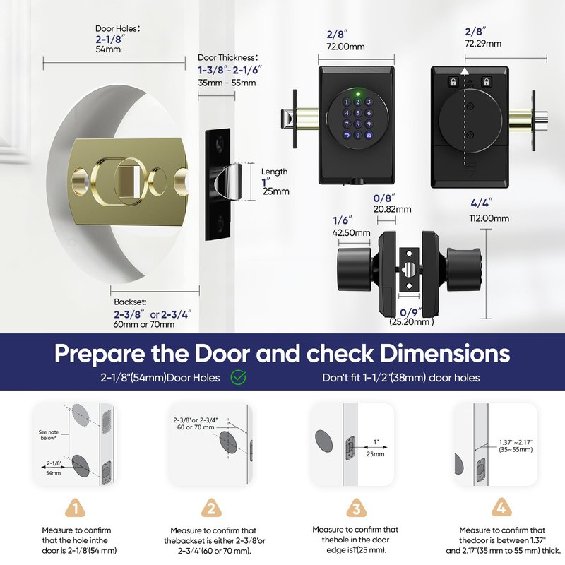 HIDALIFE Keyless Entry Door Lock with Knob, Fingerprint Keypad Digtal Lock, Biometric Door Lock for Front Door, Easy Passage Mode, Matte Black