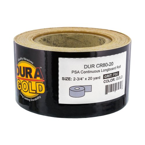 Dura-Gold Premium Gold 80 Grit PSA Longboard Sandpaper, 20 Yard Roll, 2-3/4" Wide, Self Adhesive Stickyback, Woodworking & Automotive Sandpaper Roll, Air File Sand Paper, Auto Sanding Blocks