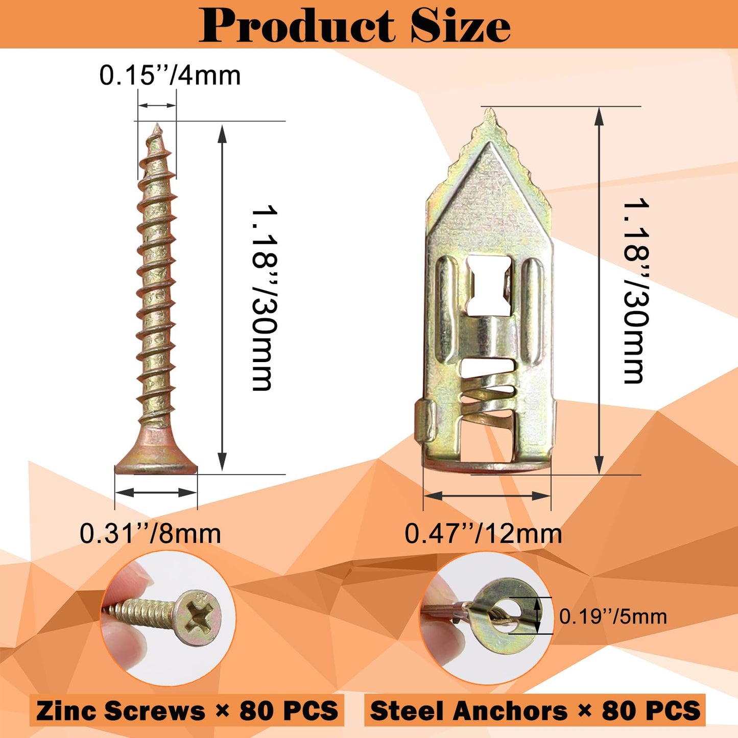 Sunxeke 160 Pcs Self Drilling Drywall Anchors with Screws,80 Sheetrock Anchors (0.47x1.18 Inch) & 80 Zinc Expansion Screws,2025 Upgraded Zinc Plated Steel,No Drill Needed,Hold 66LB for Wall Hanging