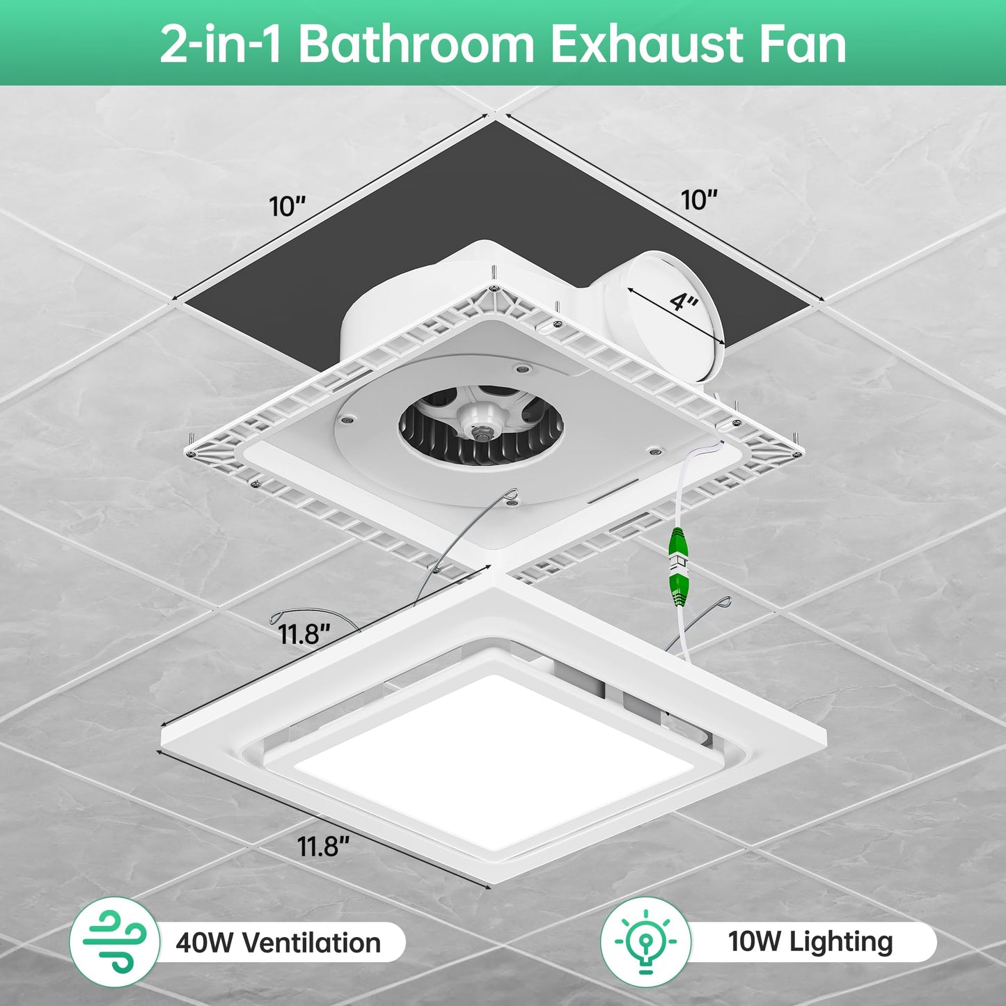 VallisCo 12 Inch Bathroom Exhaust Fan with Light, 110 CFM 1.0 Sone Ultra Quiet Ceiling Ventilation Fan, 3-Color Adjustable LED 1200 LM, Energy Efficient, 4" Duct & 10" x 10" Cutout, 12 Inch Panel Size