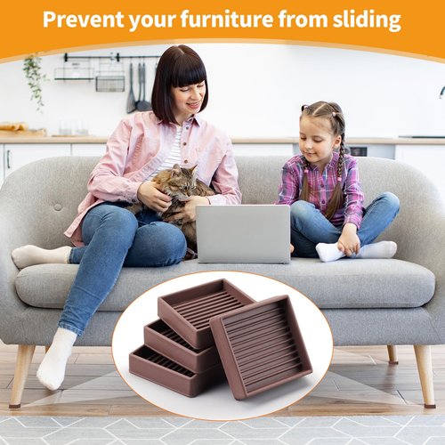 Non Slip Rubber Furniture Pads 3 inch 4PCS, Couch Bed Stoppers to Prevent Sliding, Furniture Coasters, Non Skid Furniture Grippers for Hardwood Floors Brown Square