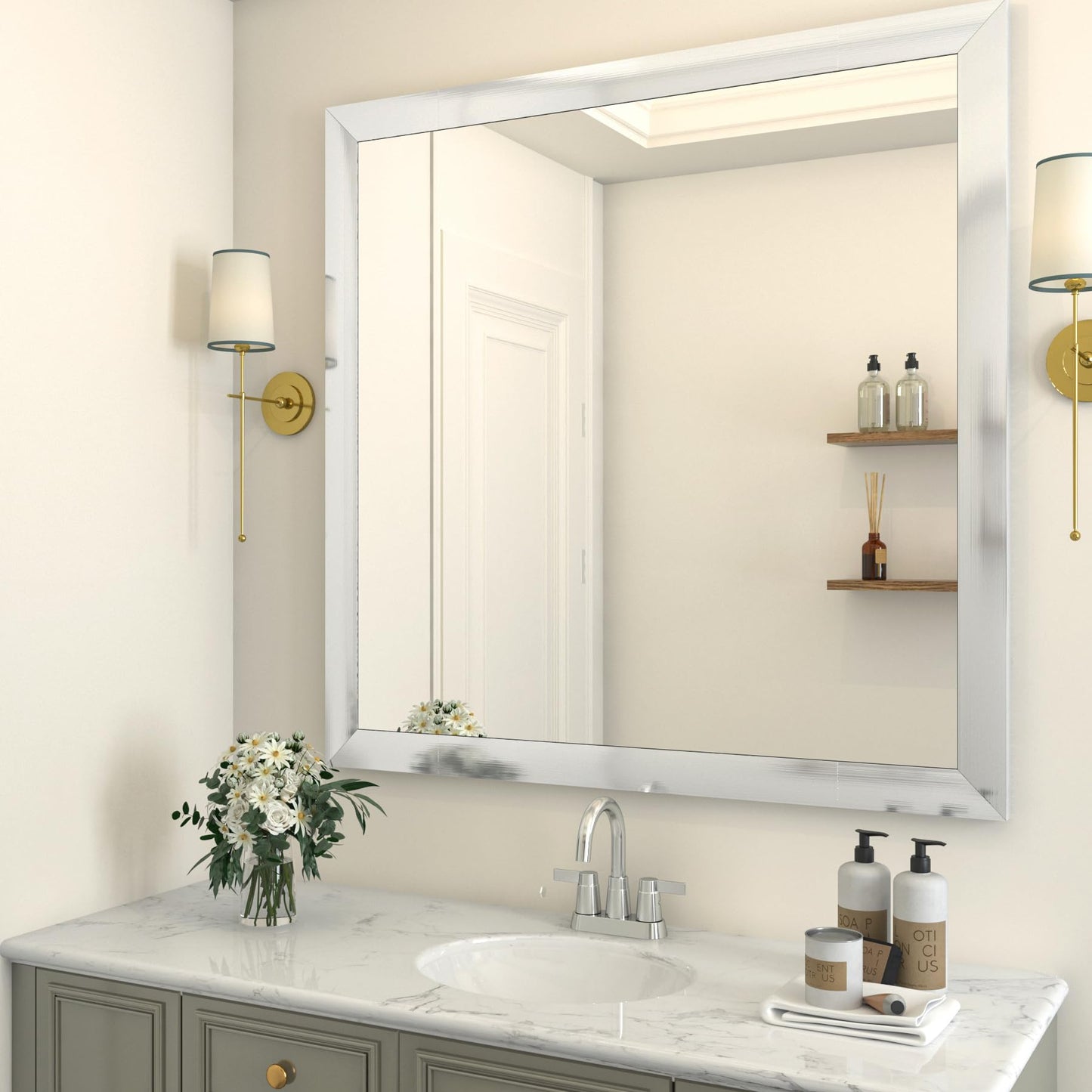 HelloWall Silver Brushed Nickel Mirror Frame Border Peel and Stick Metal Molding Trim Removable Wall Trim Borders Stainless Steel Wallpaper Border for Fireplace Stainless Steel Mirror Borders 3"x197"