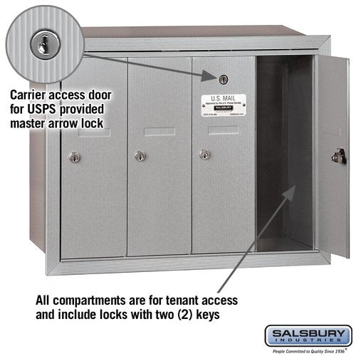 Salsbury Industries 3504ARU Recessed Mounted Vertical Mailbox with 4 Doors and USPS Access, Aluminum
