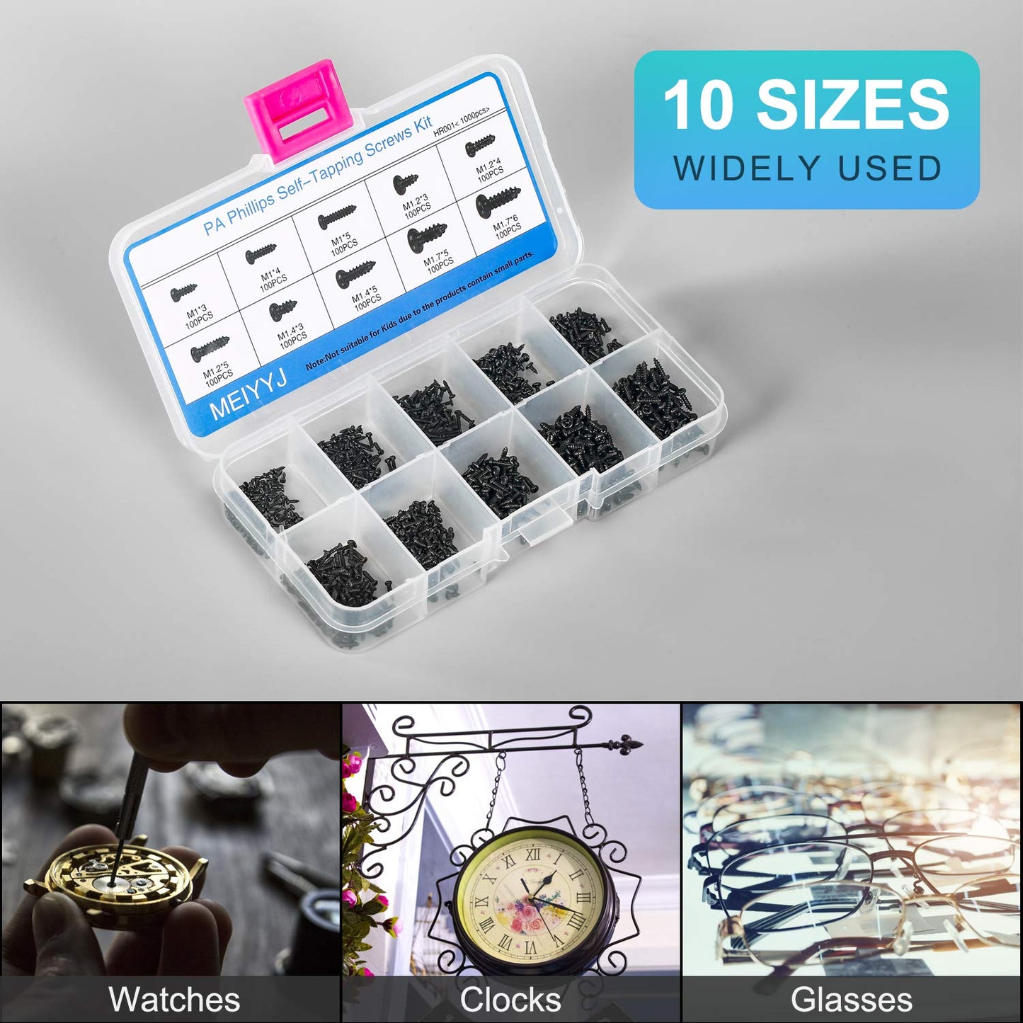 MEIYYJ 10 Kinds Small Multi-Purpose M1 M1.2 M1.4 M1.7 Phillips Head Micro Screws Self-Tapping Electronic Screws Assortment Kit Pack of 1000