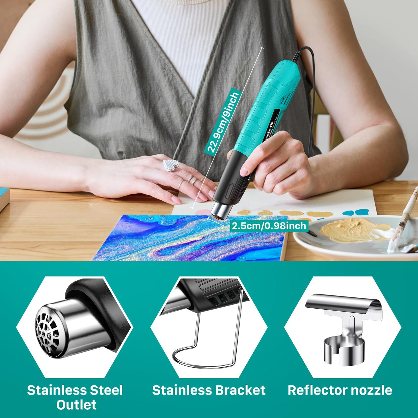 Yeegewin Heat Gun, 380W Fast Heat Mini Hot Air Gun with 2-Temp Settings 480°F-850°F(249°C-455°C) Overheat Protection Reflector Nozzle, 4.9Ft Long Cable for Shrink Wrap,Vinyl, Crafts, Epoxy Resin