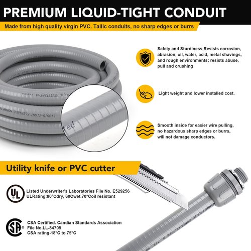 Elecoman 1/2inch 100ft Liquid-Tight Conduit and Connector Kit,Flexible Non-Metallic Liquid Tight Electrical Conduit Kit with 5 Straight and 3 90-Degree Connector Fittings,1/2 in. Dia