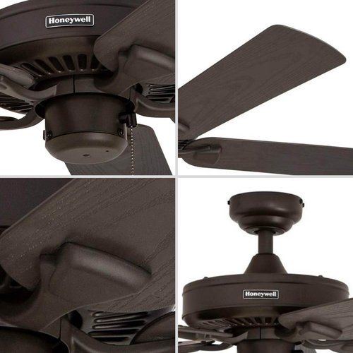 Honeywell Ceiling Fans Belmar 52 Inch Ceiling Fan Without Light, Outdoor Ceiling Fan with Pull Chain, Tri-Mount Traditional 5 Blade Design, ETL Wet Rated, Bronze (50199-01)