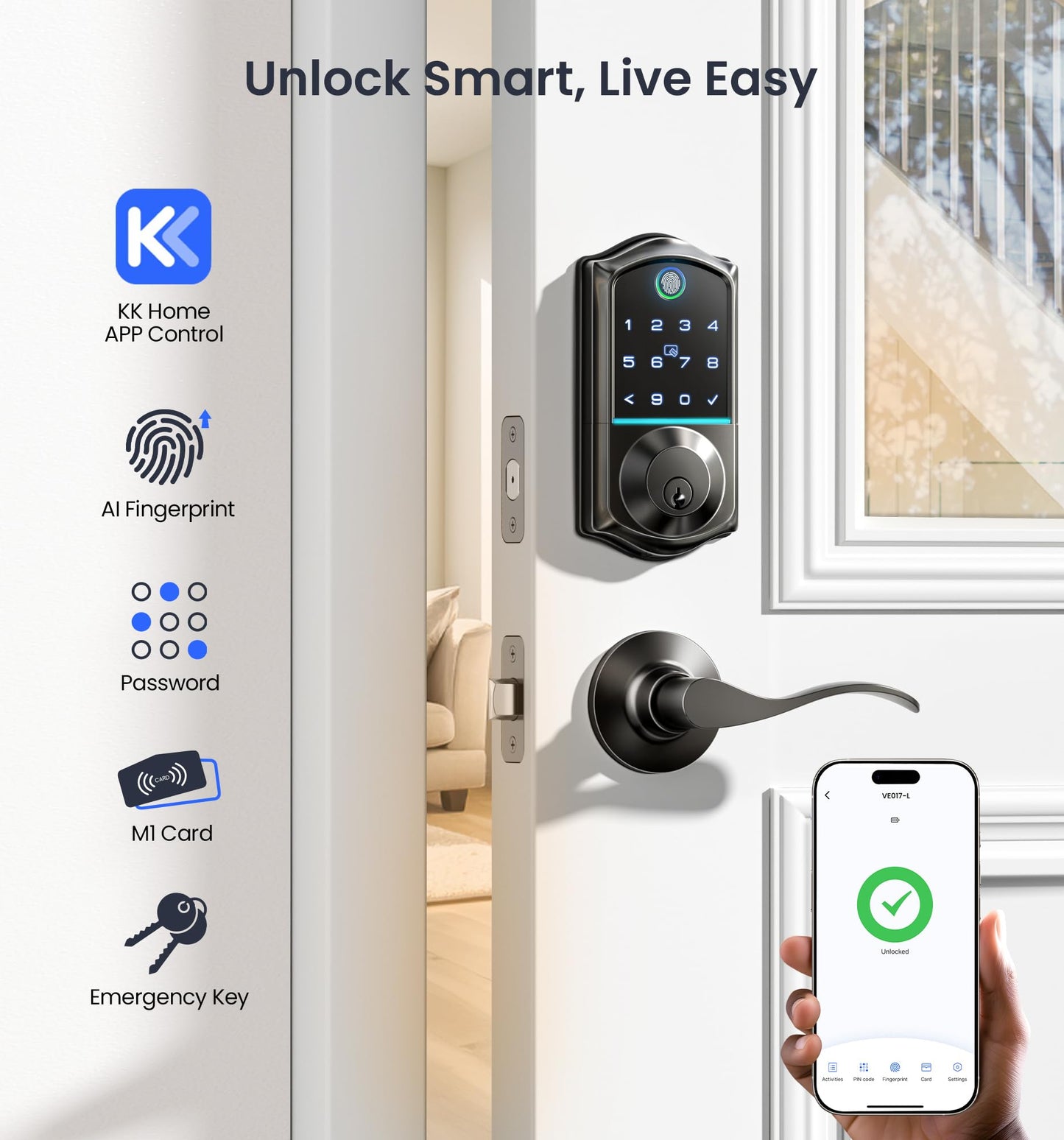 Veise VE017-L Fingerprint Smart Lock with 2 Lever Handles, Keyless Entry Front Door Lock Set, App Control, Electronic Digital Keypad Deadbolt, Easy Installation, Emergency Power Port, Matte Black