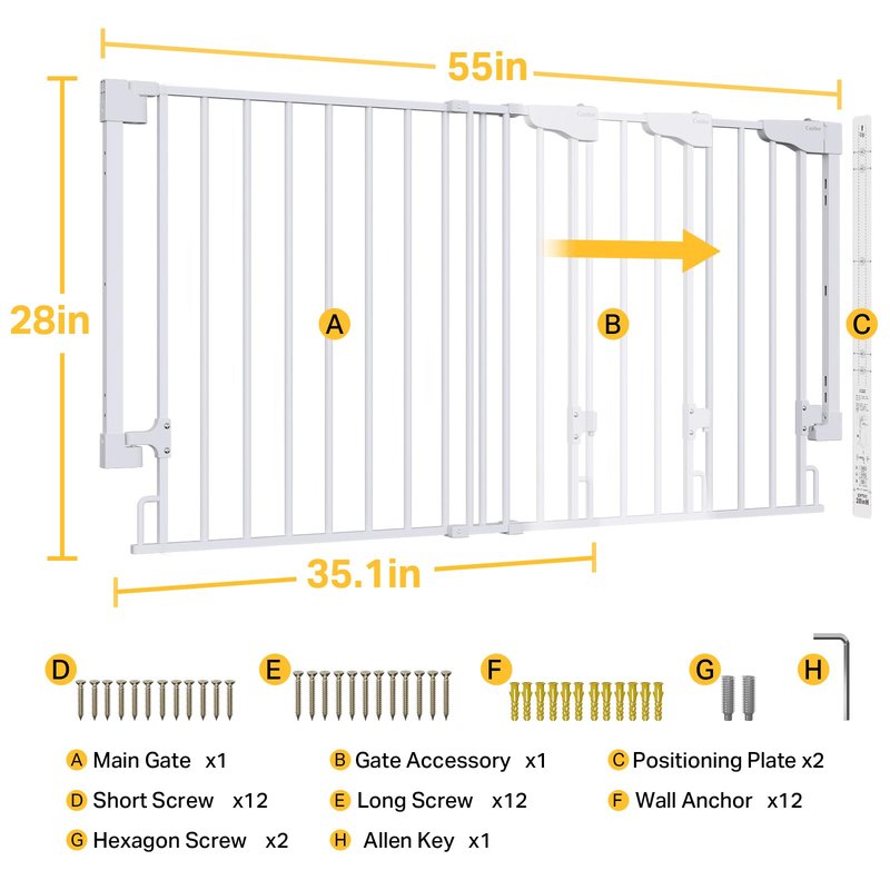 Cumbor 35.1-55" Wide No Bottom Bar Baby Gate for Stairs, 2-in-1 Auto Close Dog Gate Indoor, Hardware Mounted Pet Gate for Doorways with Large Walk Thru Door, Child-Proof Safety Gate for Kids (White)